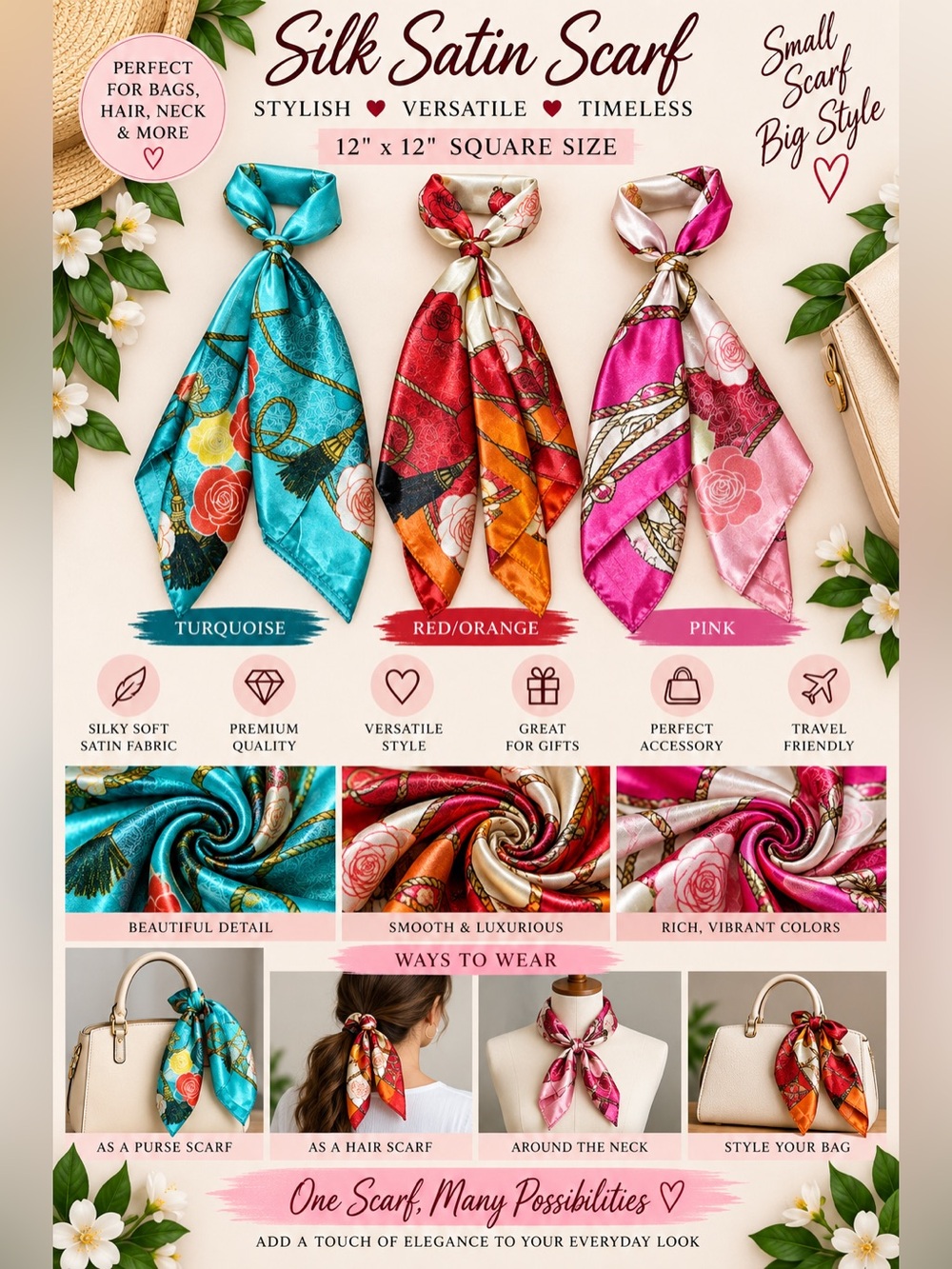 Silk Satin Square Scarf — Turquoise, Red/Orange, Pink